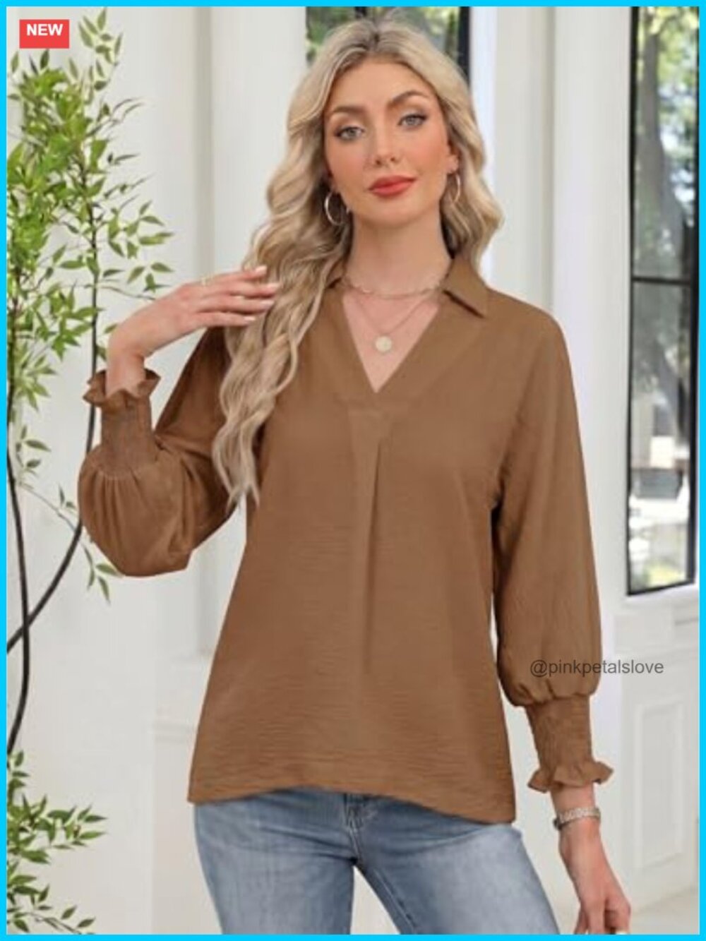 Dressy Casual 3/4 Sleeve Collared V-Neck Blouse Business Work Top View 2